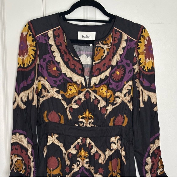 ba&sh Fedora Black Tan Purple Split V-neck Long Sleeve Lady Dress S - Picture 3 of 16